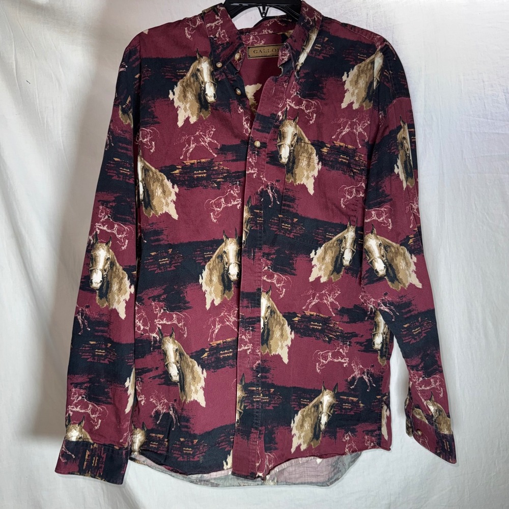 Vintage‎ Mens Horse Print Button Down Shirt Burgundy Southwestern Western Large
